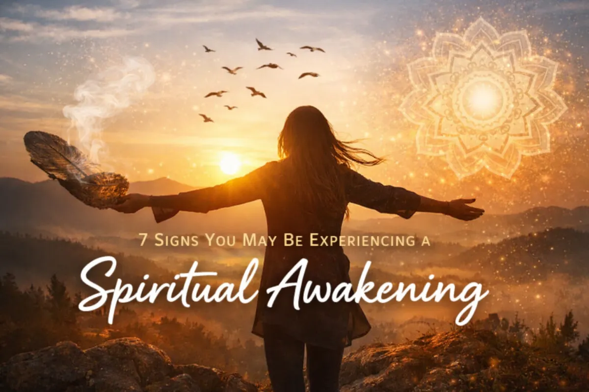 Woman standing at sunrise with arms open during spiritual awakening representing personal transformation and spiritual growth