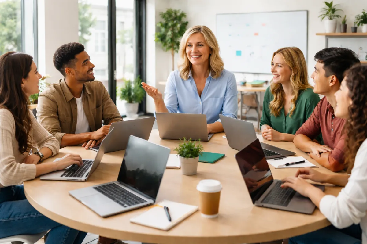 Confident woman coach in a studio-lit portrait