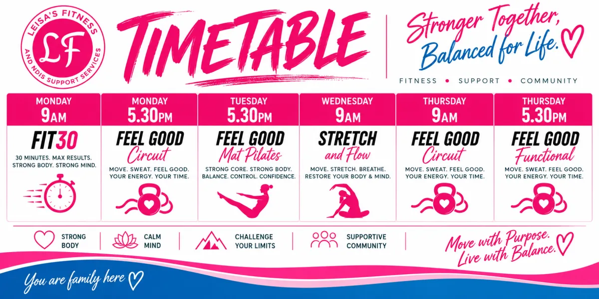 Leisa’s Fitness Nanango group fitness timetable featuring Fit30, Feel Good Circuit, Feel Good Mat Pilates, Stretch and Flow, and Feel Good Functional classes.