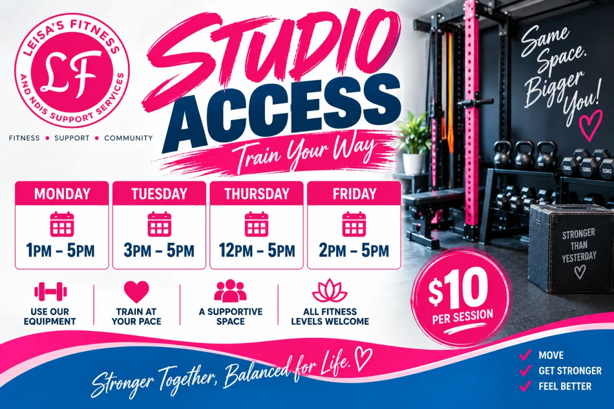 Leisa’s Fitness Studio Access Sessions in Nanango, with flexible weekly training times and $10 studio access.