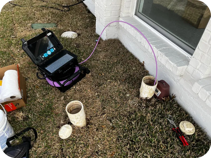 Sewer scope inspection equipment set up outside a residential property to inspect the sewer line for blockages, cracks, and root intrusion.