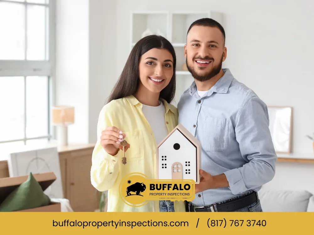 Happy couple holding keys in front of their new home, symbolizing a successful home purchase and inspection.