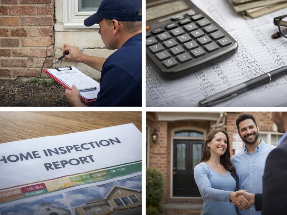 Home inspector documenting foundation cracks while discussing concerns with homeowners
