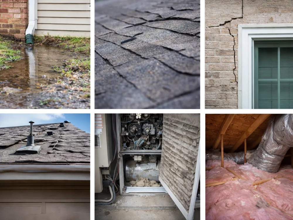Common issues found during home inspections including roof wear, drainage concerns, and cracks on walls