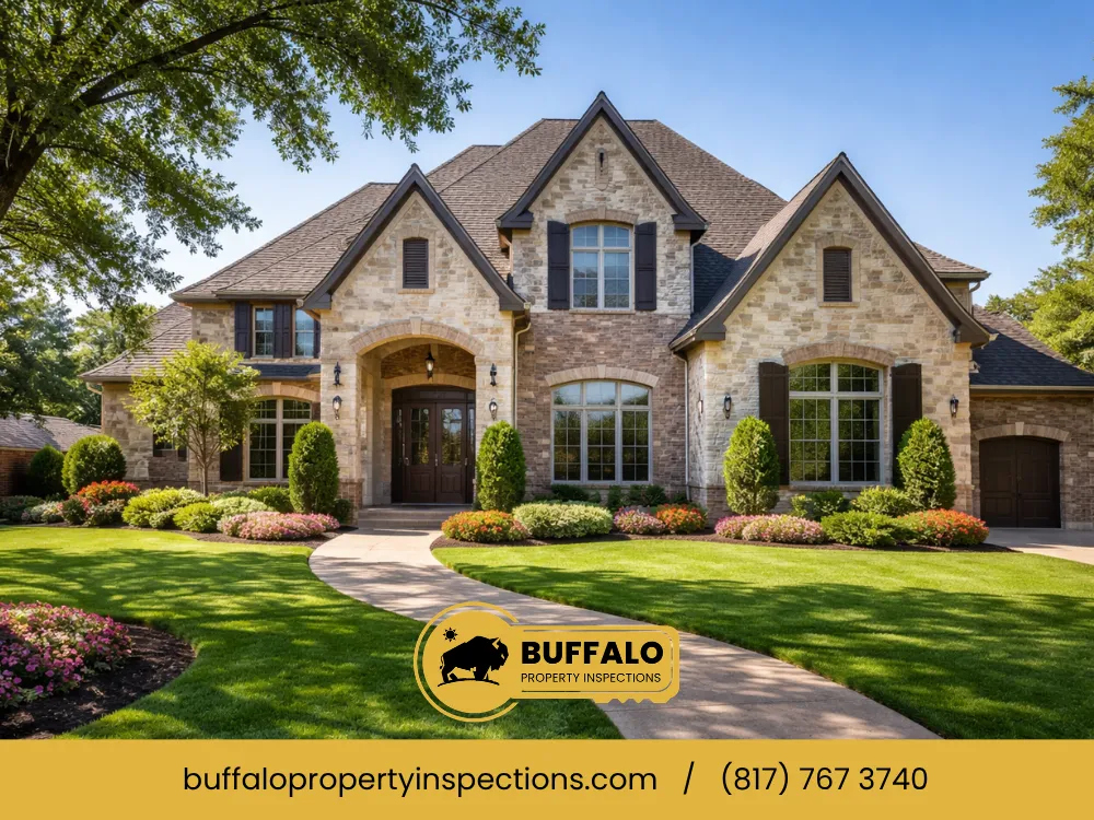 Exterior view of a well-maintained home, Buffalo Property Inspections logo in the bottom corner with contact information