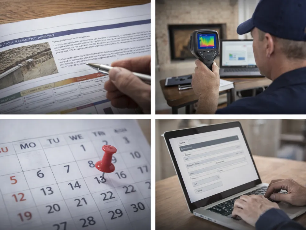 Home inspector reviewing inspection report and using an infrared camera for property analysis