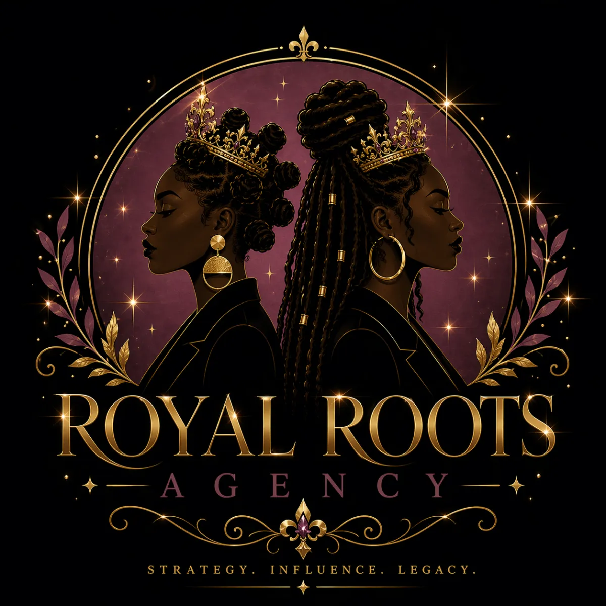 Royal Roots Agency emblem logo centered on dark background