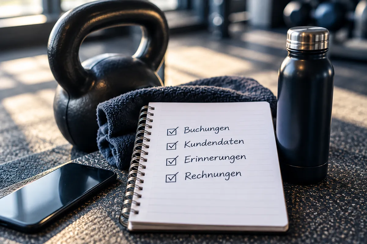 Notizbuch mit den Punkten Buchungen, Kundendaten, Erinnerungen und Rechnungen neben Kettlebell und Trinkflasche