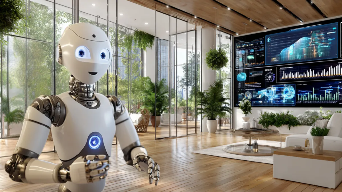 A friendly robot in a modern office, representing AI-powered business planning for the Kickstart 2026 workshop.