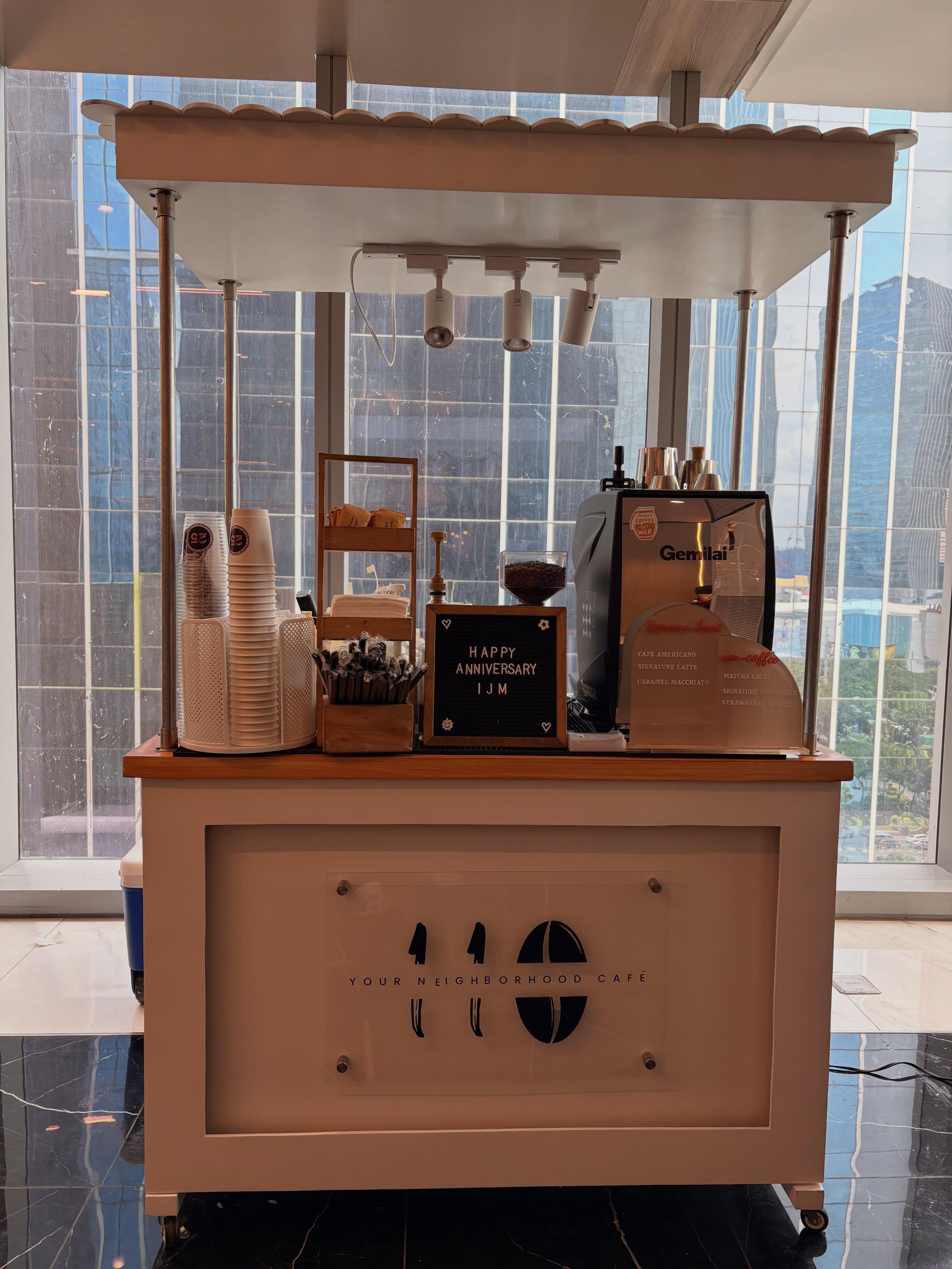 Composite 3-panel display of 110 Cafe PH mobile coffee cart, artisanal espresso drink details, and celebrating event guests