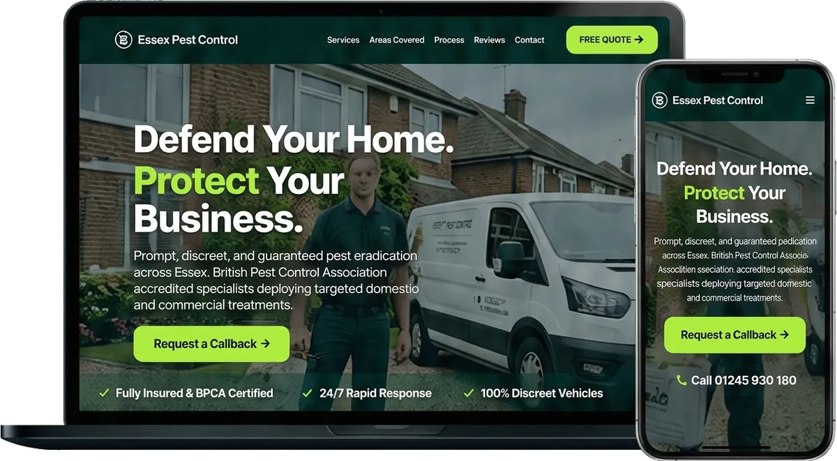 Laptop and smartphone displaying a mock pest control website featuring a worker and a van.
