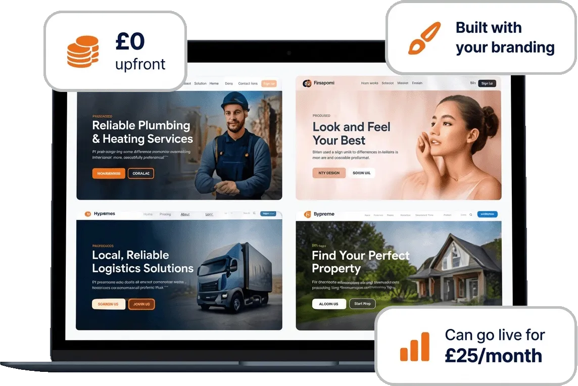 Hero Mockup Grid: 2x2 grid of modern website concepts for Trades, Beauty, Logistics, and Property inside a sleek laptop frame with floating £0 upfront badges
