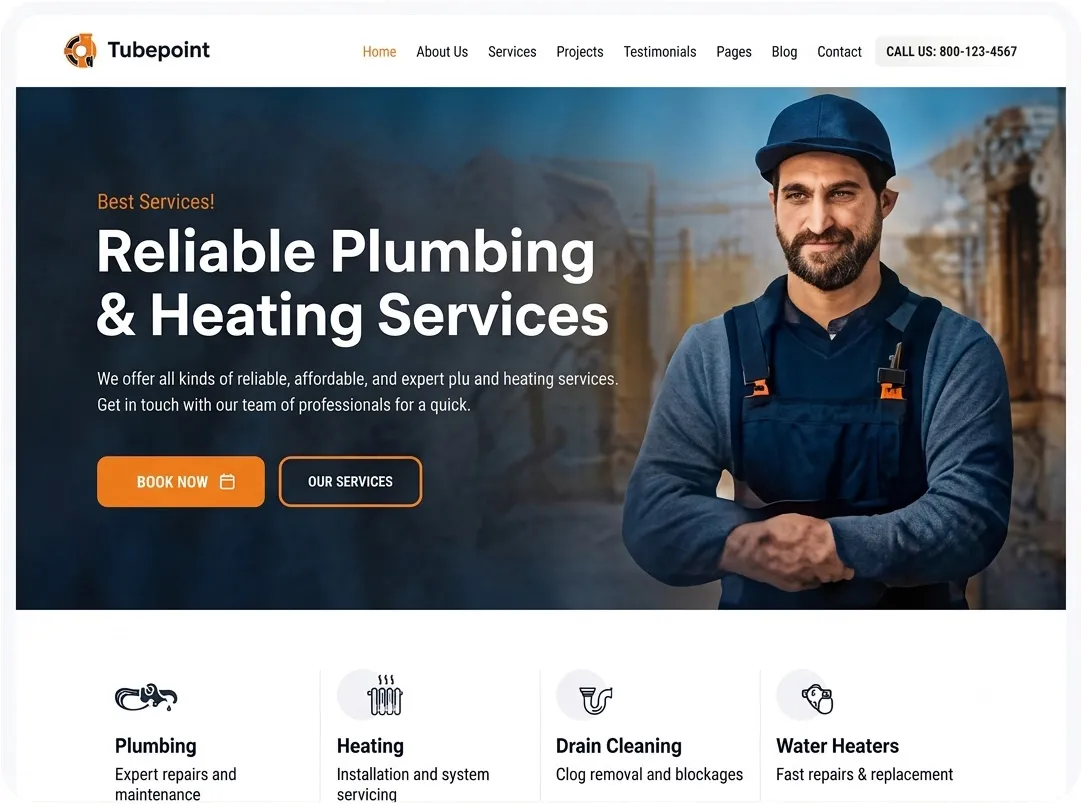 Trades website preview showcasing emergency plumbing and certified contractor UI