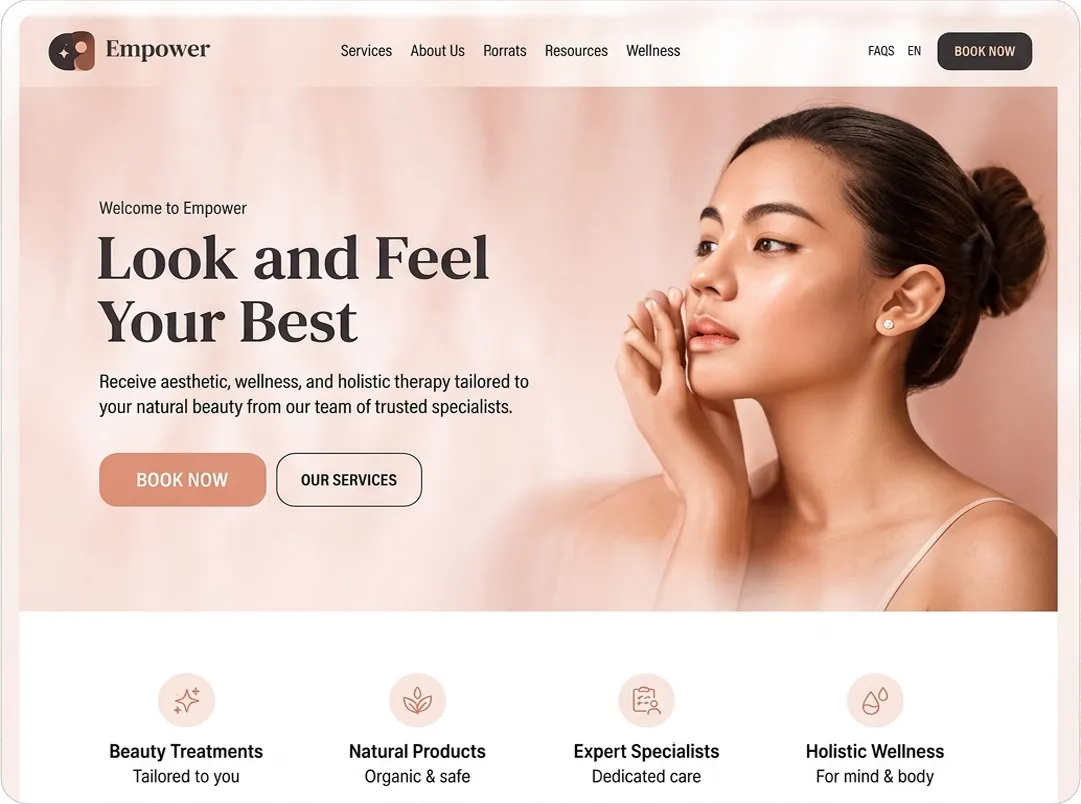 Beauty and salon website preview with treatments menu and online booking flow