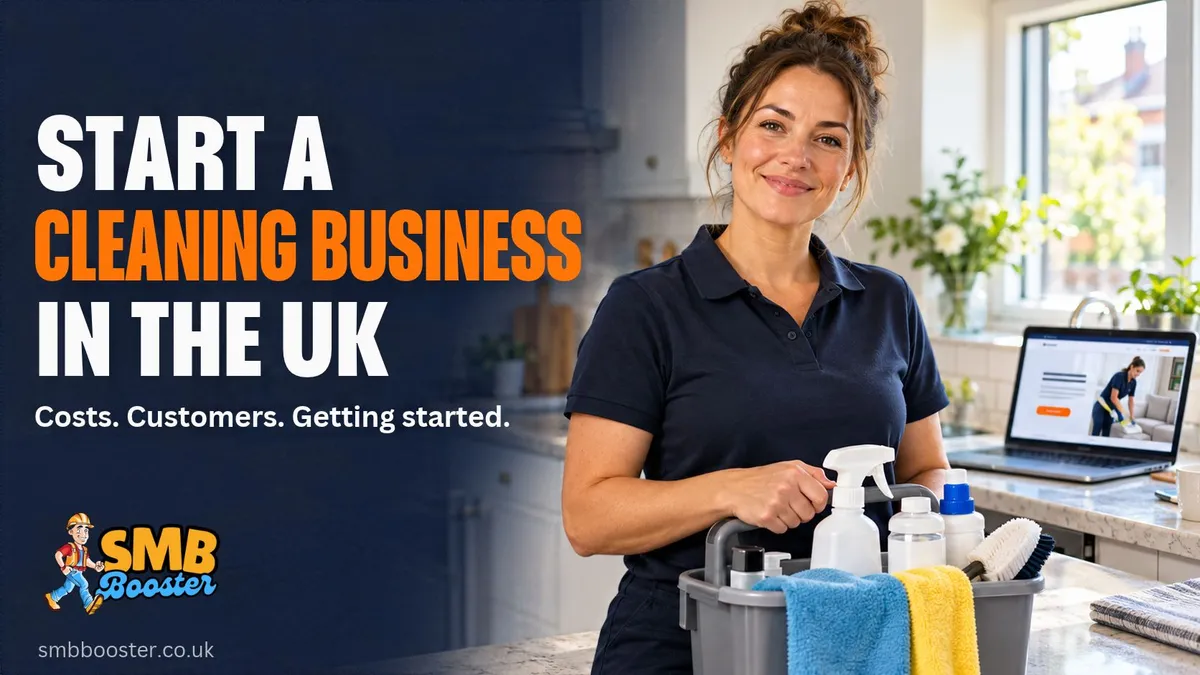 UK cleaning business startup guide featuring a cleaner with equipment and an example business website.