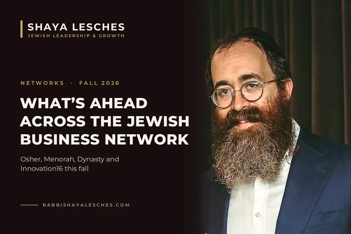 Rabbi Shaya Lesches seated at a conference table during a meeting, beside the words “What’s ahead across the Jewish Business Network”