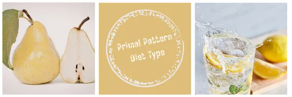 photos of a pear, water and a gut health sign.