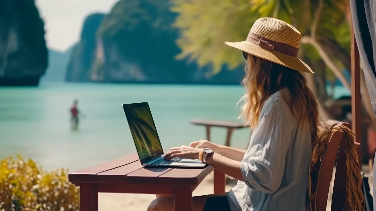 A confident woman in her 30s sits at a modern home office desk, smiling at her laptop with a cup of coffee, sunlight streaming through a window, plants in the background, evoking productivity and freedom.