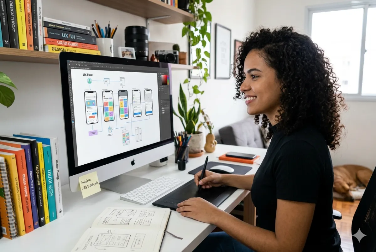 Designer UX/UI trabalhando em interfaces mobile e web em home office, mostrando como ganhar bem sem faculdade