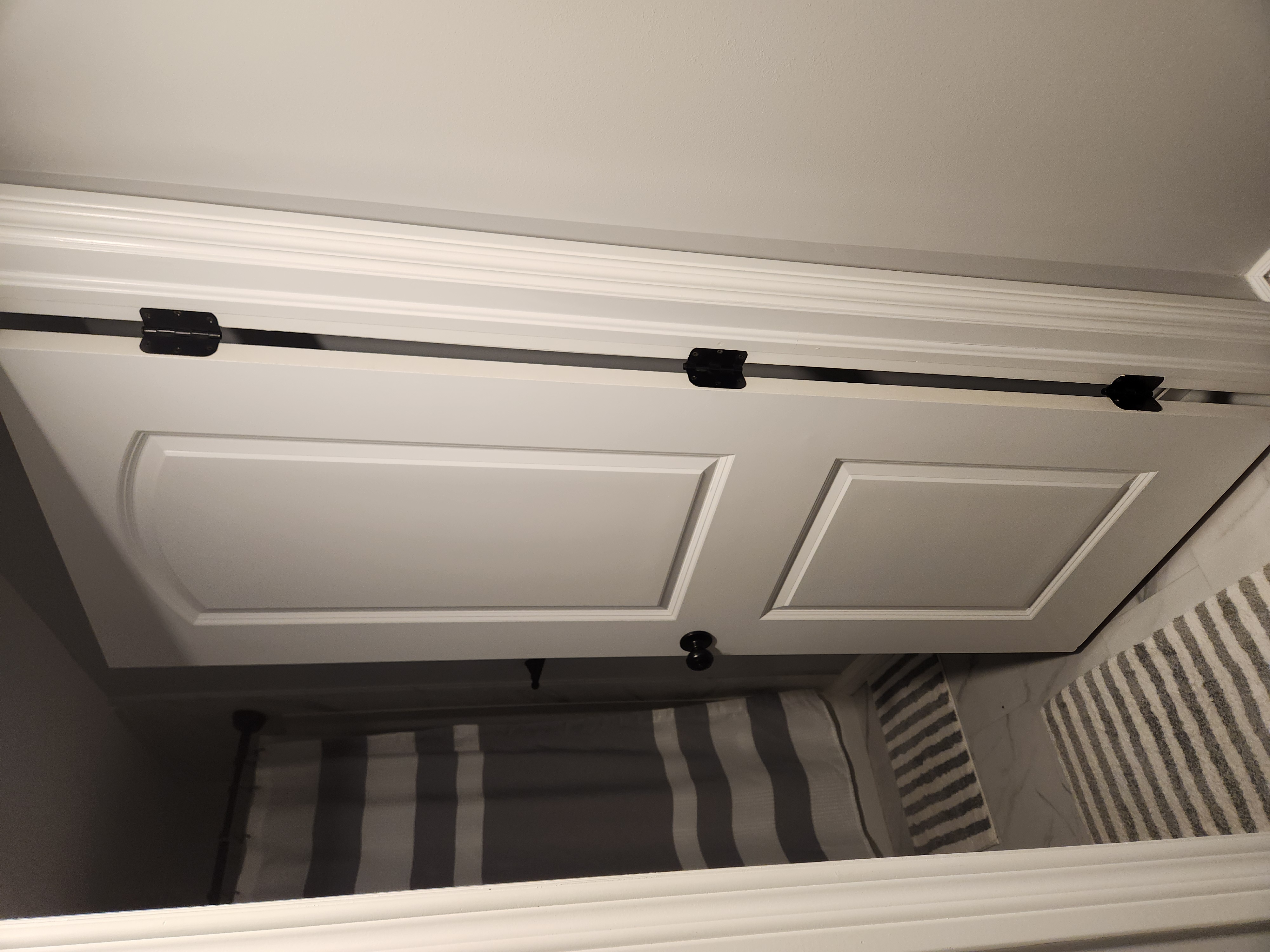 White interior door with black hinges and handle