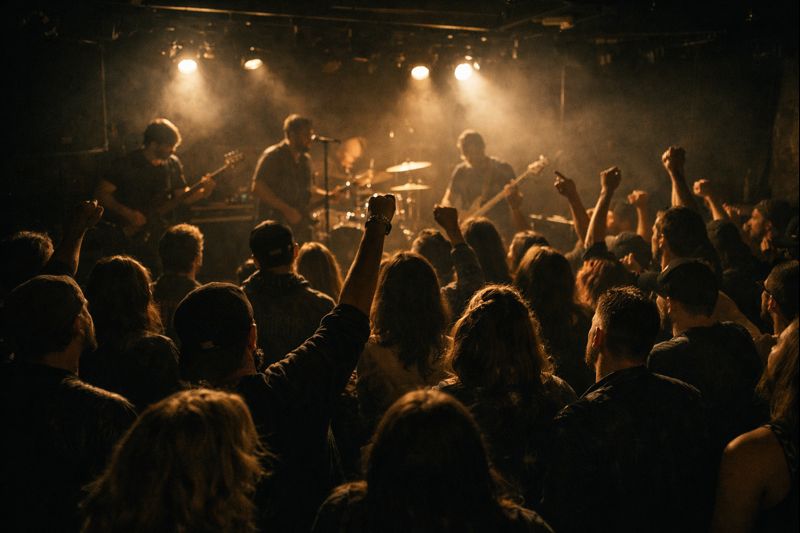 Live music crowd at an intimate venue representing the independent artist first community culture of Particle Collider Records