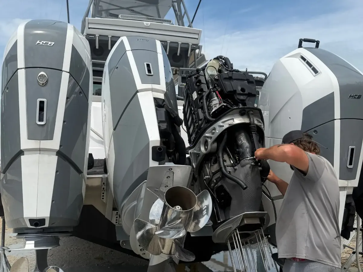 Service being preformed on quad mercury 600hp outboards at BTH Marine