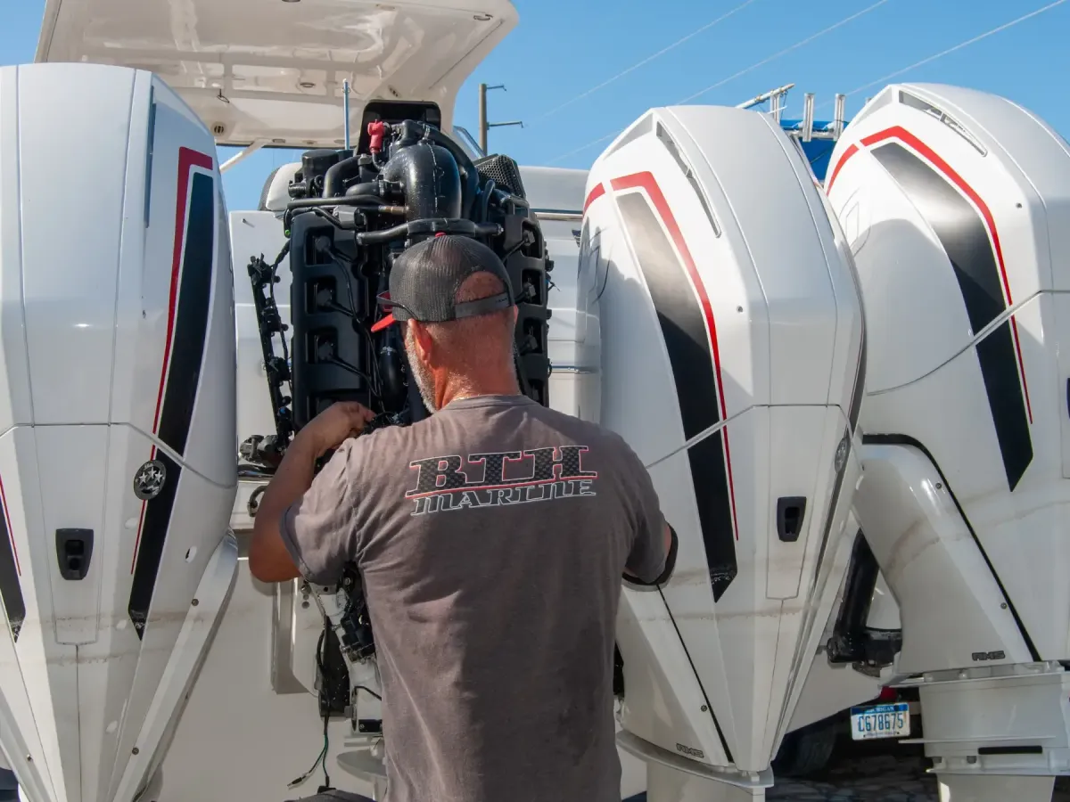 Service being preformed on quad mercury racing outboards at BTH Marine