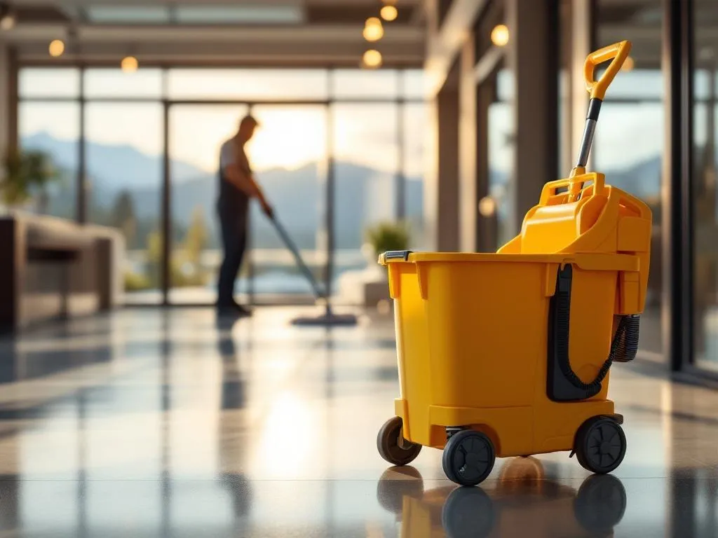 Yelow professional cleaning bucket won the front, man with a mop on the background
