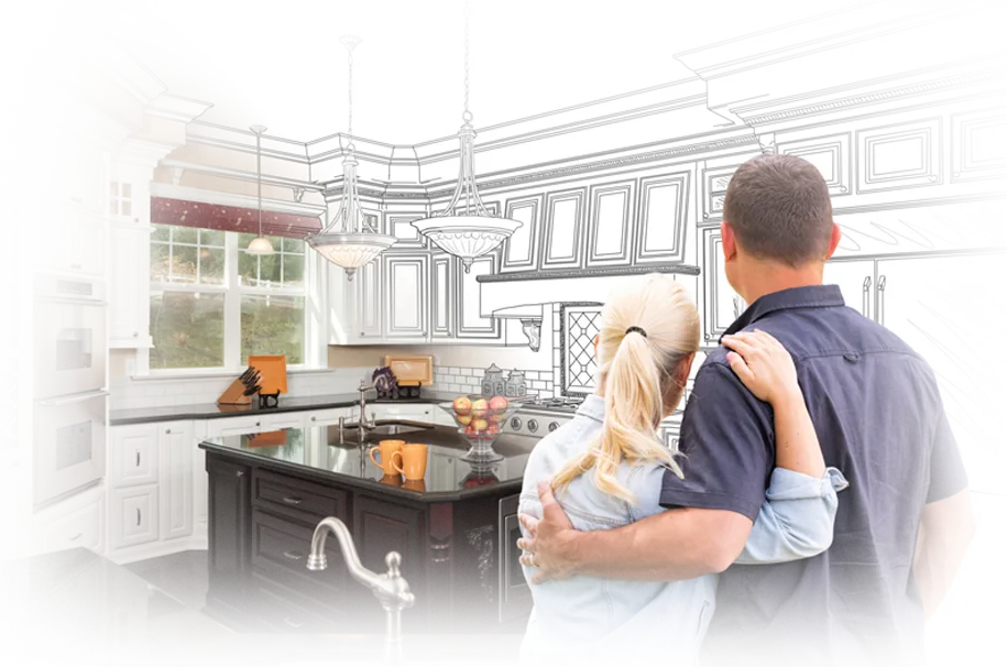 A man and woman standing in front of a kitchen with a drawing of the kitchen