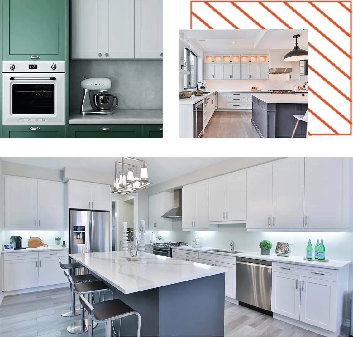 A kitchen with white cabinets and green and white accents