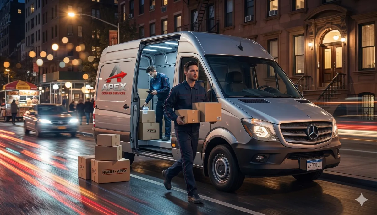 Courier driver with packages at night city backdrop