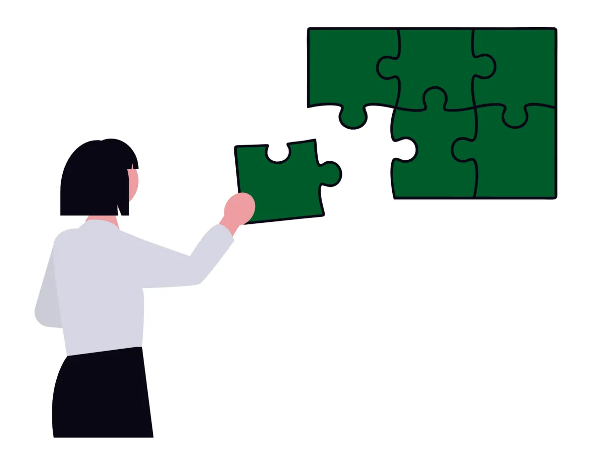 Illustration for Dr. Monisha Bhanote’s Travel Essentials showing a woman placing a puzzle piece into a larger puzzle, symbolizing travel wellness, resilience, and restoring balance