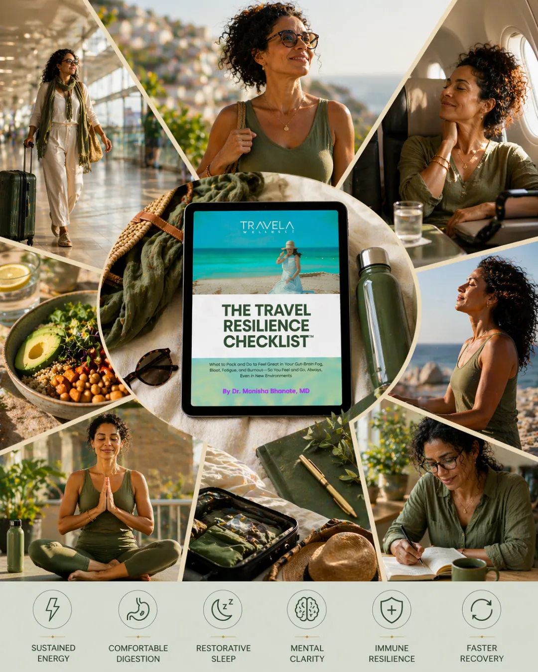Lifestyle collage for Dr. Monisha Bhanote’s Travel Essentials featuring The Travel Resilience Checklist™ alongside wellness-focused travel rituals supporting energy, digestion, sleep, mental clarity, immunity, and recovery.