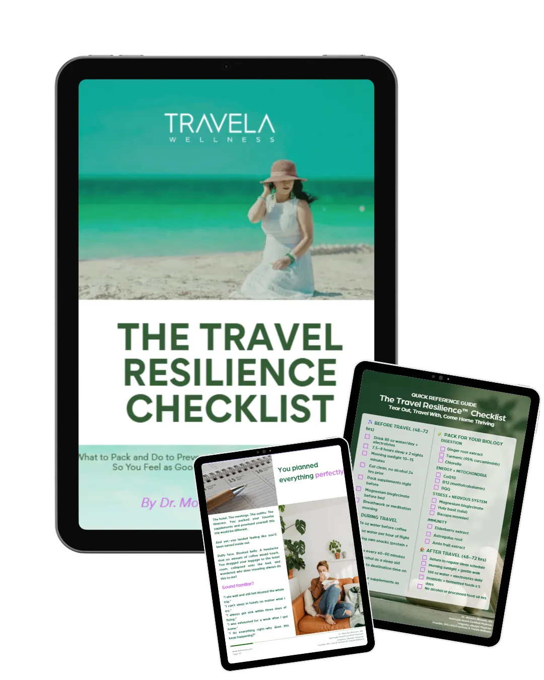 Dr. Monisha Bhanote’s Travel Essentials featuring The Travel Resilience Checklist™ displayed on digital tablets with travel wellness checklists, rituals, and resilience-focused guidance.