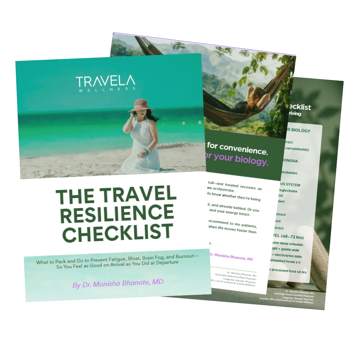 Dr. Monisha Bhanote’s Travel Essentials featuring The Travel Resilience Checklist™ ebook and companion travel wellness pages focused on resilience, recovery, and travel-ready health rituals.