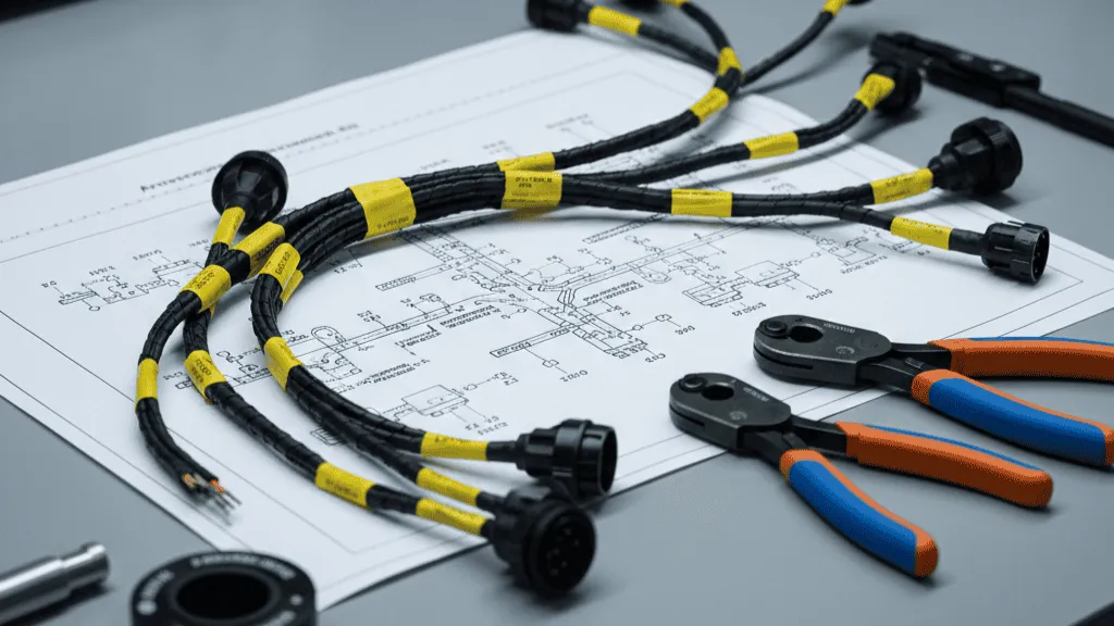 Aircraft EWIS engineering documentation with harness drawings, pinouts, and labeled prototype wiring harness components for aerospace development programs.
