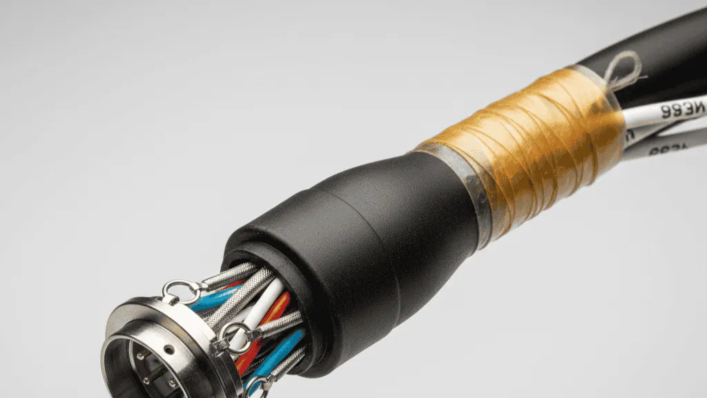 Close-up of mil-spec aircraft wiring harness construction with shielding termination, backshell strain relief, and labeled wire bundle dressing.