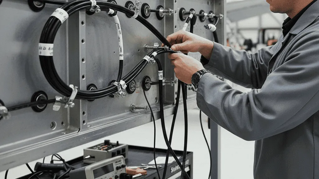 Helicopter EWIS harness routing on a mock airframe panel with labeled wire bundles, clamps, and connector backshells for prototype aircraft development.