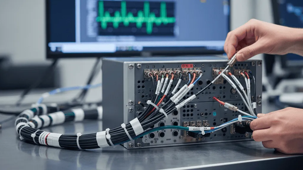 Avionics integration harness on a bench mockup with labeled connectors and shielded cabling for business and private aircraft EWIS support.