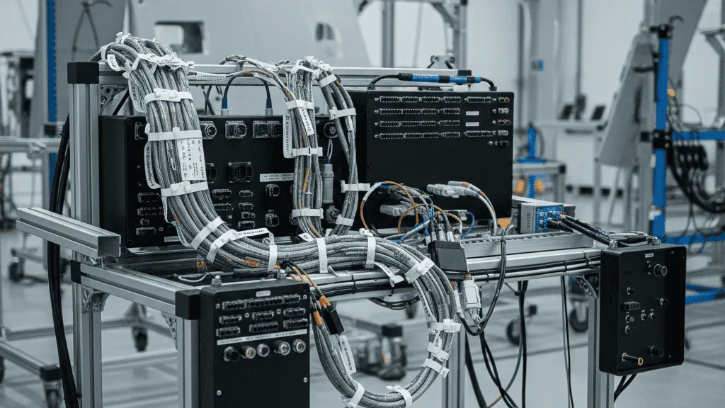 Prototype aircraft EWIS ground-test harness fixture with labeled bundles, sensor interfaces, and breakout panels for autonomous freight and air taxi development programs.