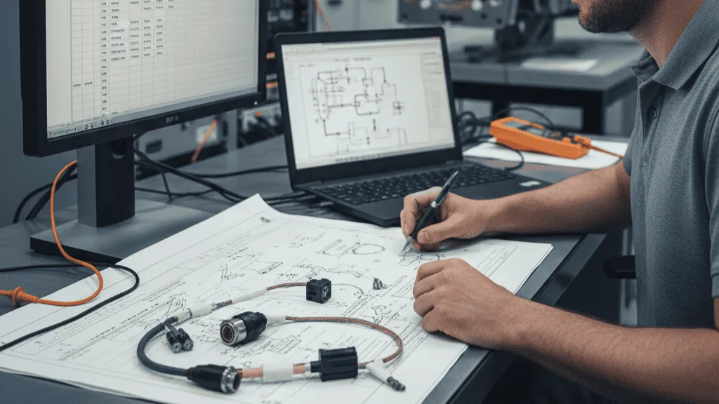 Aerospace engineer reviewing connector pinouts and interface control documents for aircraft EWIS harness design and specification work.