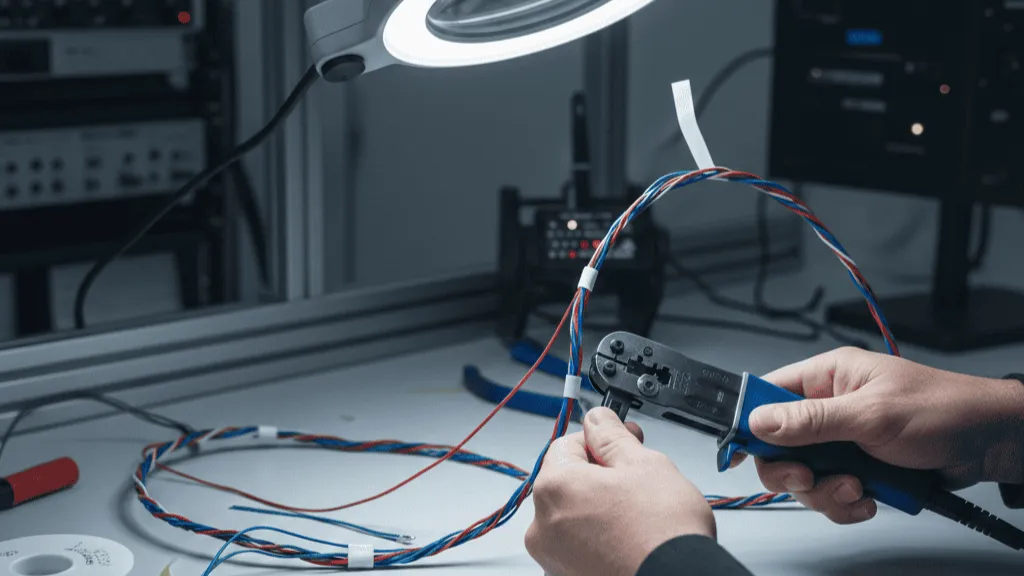 Aircraft harness assembly and iteration workflow with crimping, lacing, heat shrink labeling, and bench inspection for prototype builds.