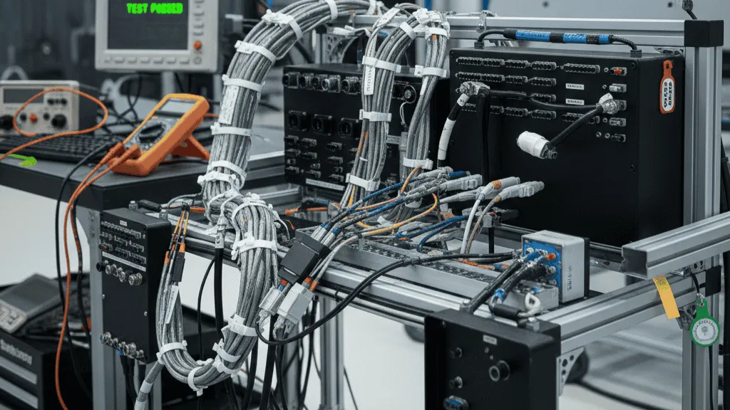 Aircraft harness verification setup with breakout box and test instruments for continuity and prototype EWIS quality checks.