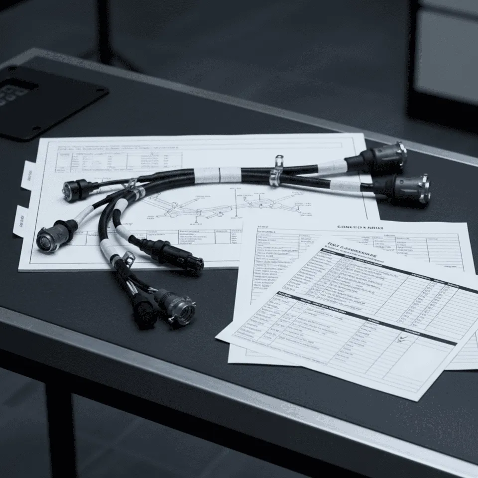 Mil-spec aircraft harness engineering deliverables with assembly drawings, wire lists, BOMs, connector tables, and test-ready documentation.