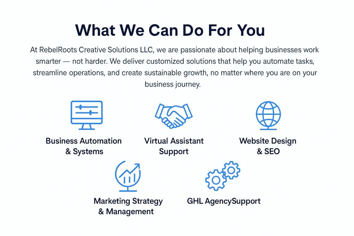 At RebelRoots Creative Solutions LLC, we are passionate about helping businesses work smarter — not harder. We deliver customized solutions that help you automate tasks, streamline operations, and create sustainable growth, no matter where you are on your business journey.