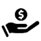 A black icon of a hand with a dollar coin floating on it. Affordable icon