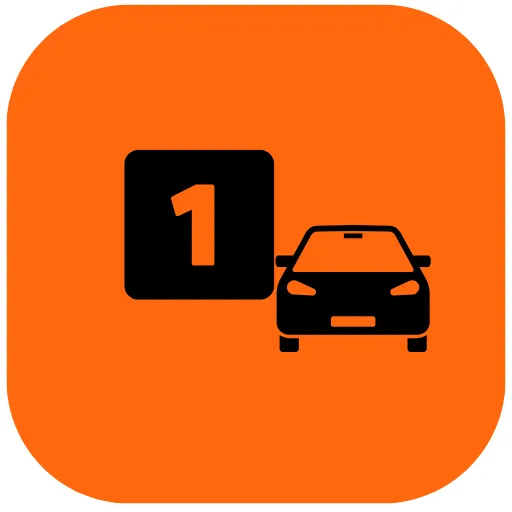 A black car beside a number one sign icon set against a rounded square orange backdrop