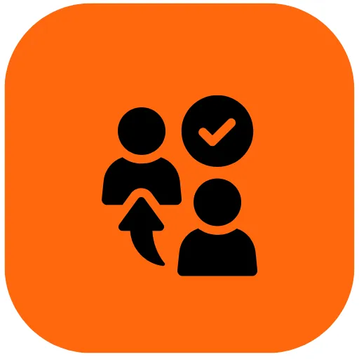 A Black share icon featuring people and a check mark set against a rounded square orange backdrop