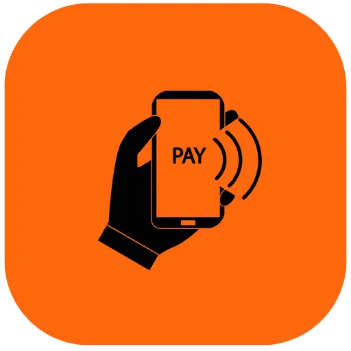 A black pay icon set against a rounded square orange backdrop