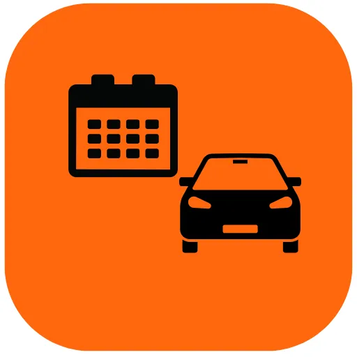 A black car and calendar icon set against a rounded square orange backdrop. Car booking icon